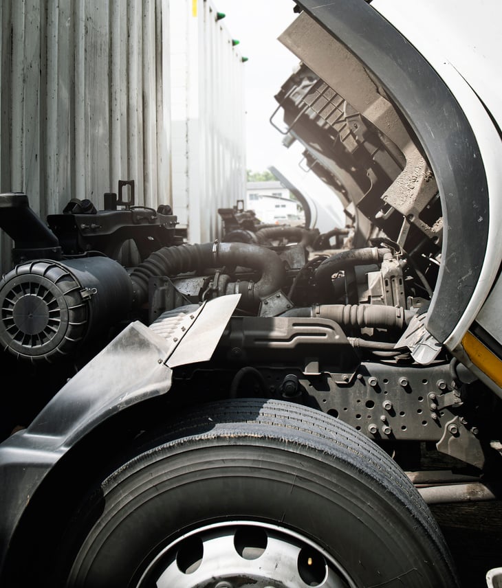 Truck Engine Open Servicing. Truck Engine Maintenance And Repair.